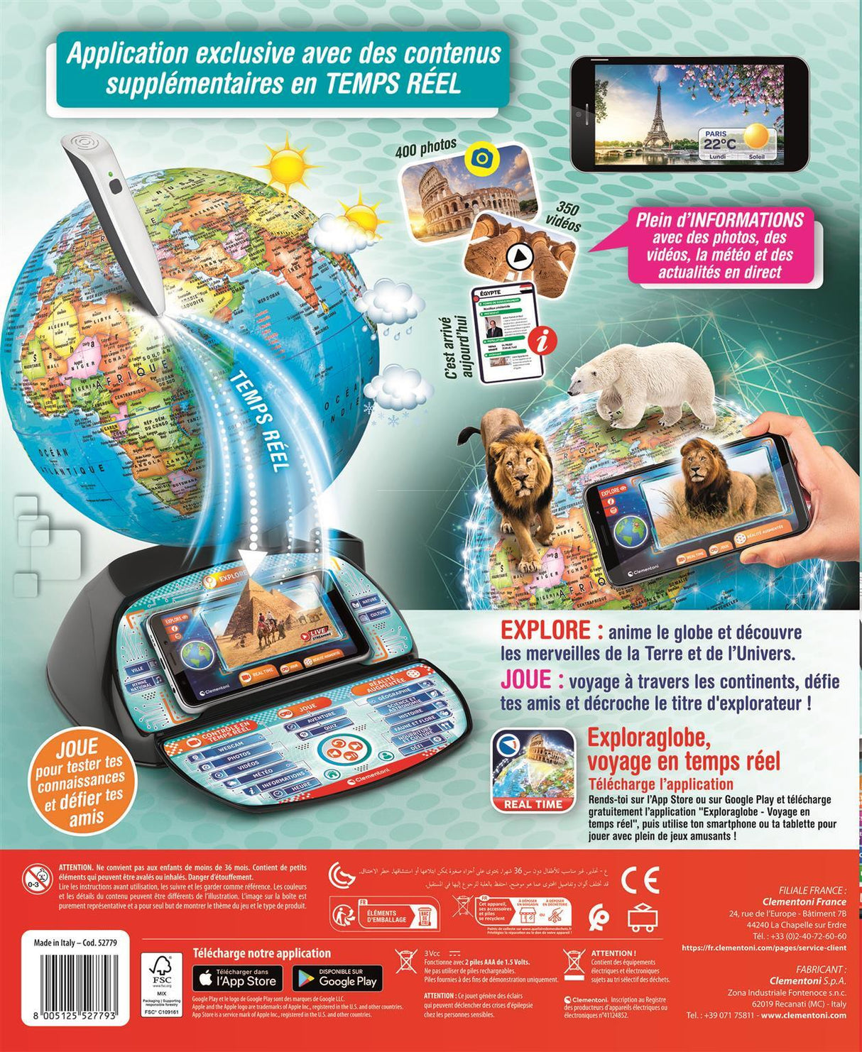 CLEMENTONI - Exploraglobe - Voyage en temps réel - 3 modes de jeu et 28 activités - Stylo Bluetooth