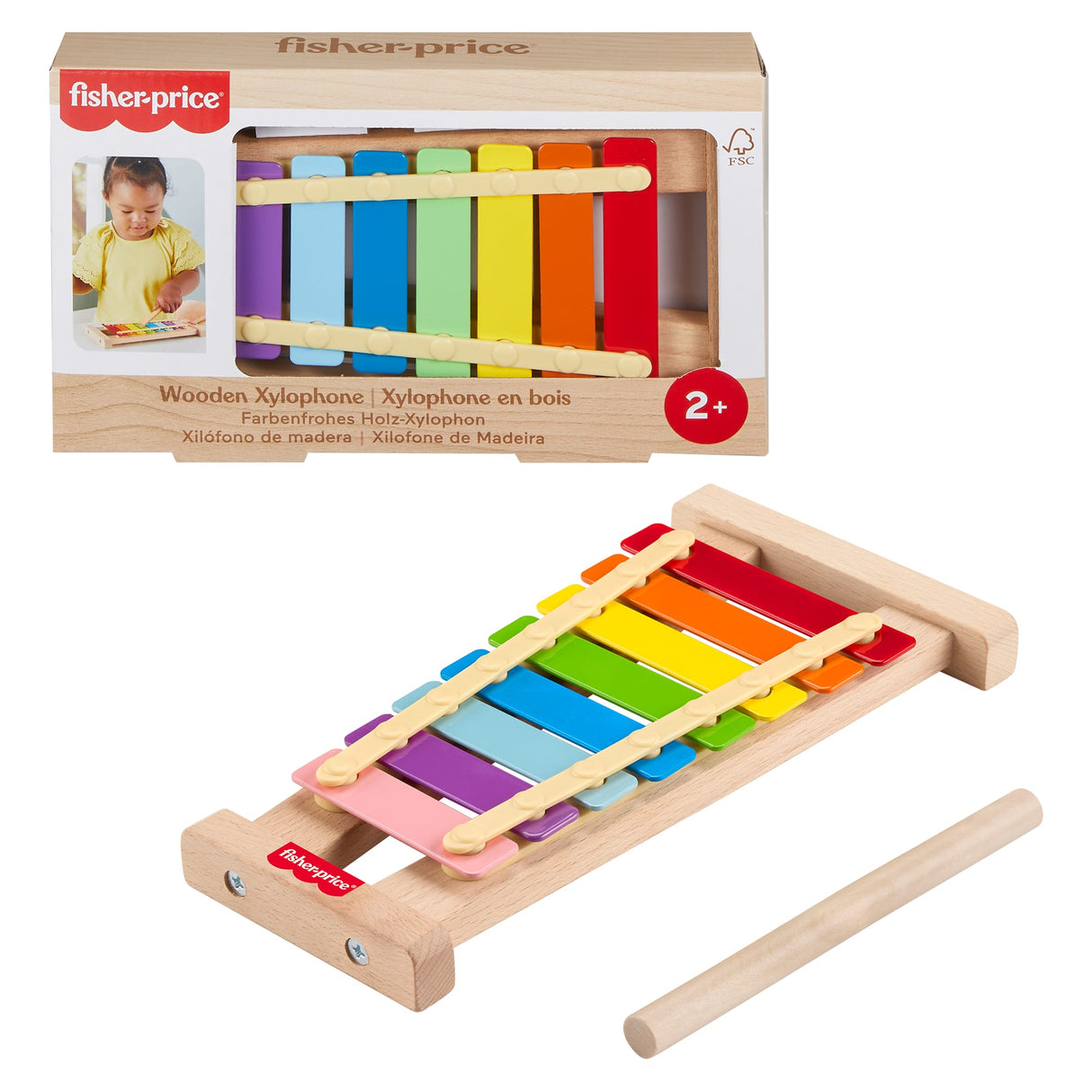 Fisher-Price-Xylophone en bois, instrument de musique avec 2 pieces HXV13