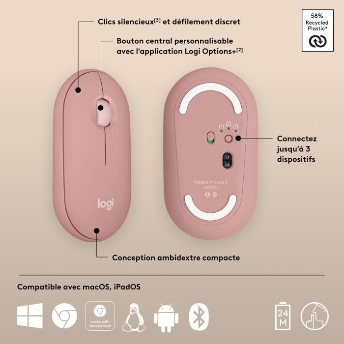 Souris - Sans fil - Logitech - Pebble Mouse 2 M350s - Rose