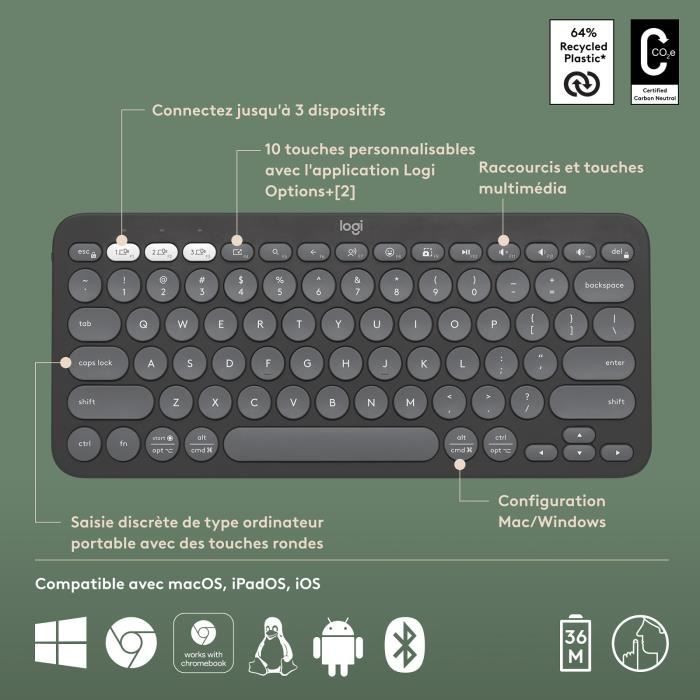 Clavier - Sans fil - Logitech - Pebble Keys 2 K380s - Bouton Easy-switch - Graphite