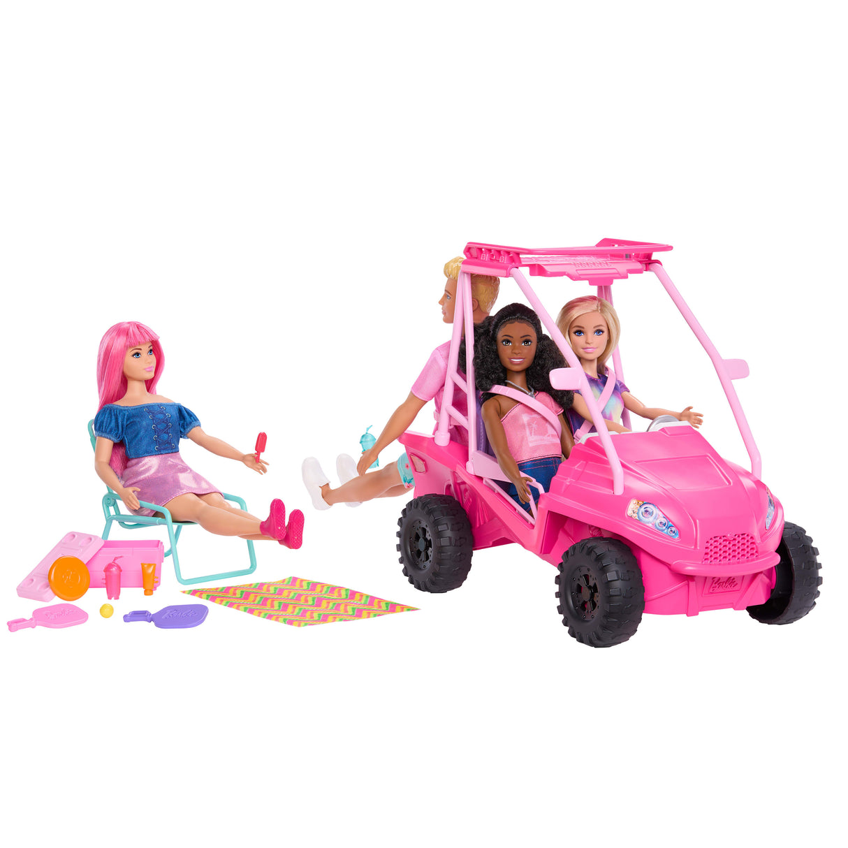 Coffret Buggy Détective Barbie - 4 poupées - Accessoires plage - Rose vif - MATTEL JFV68