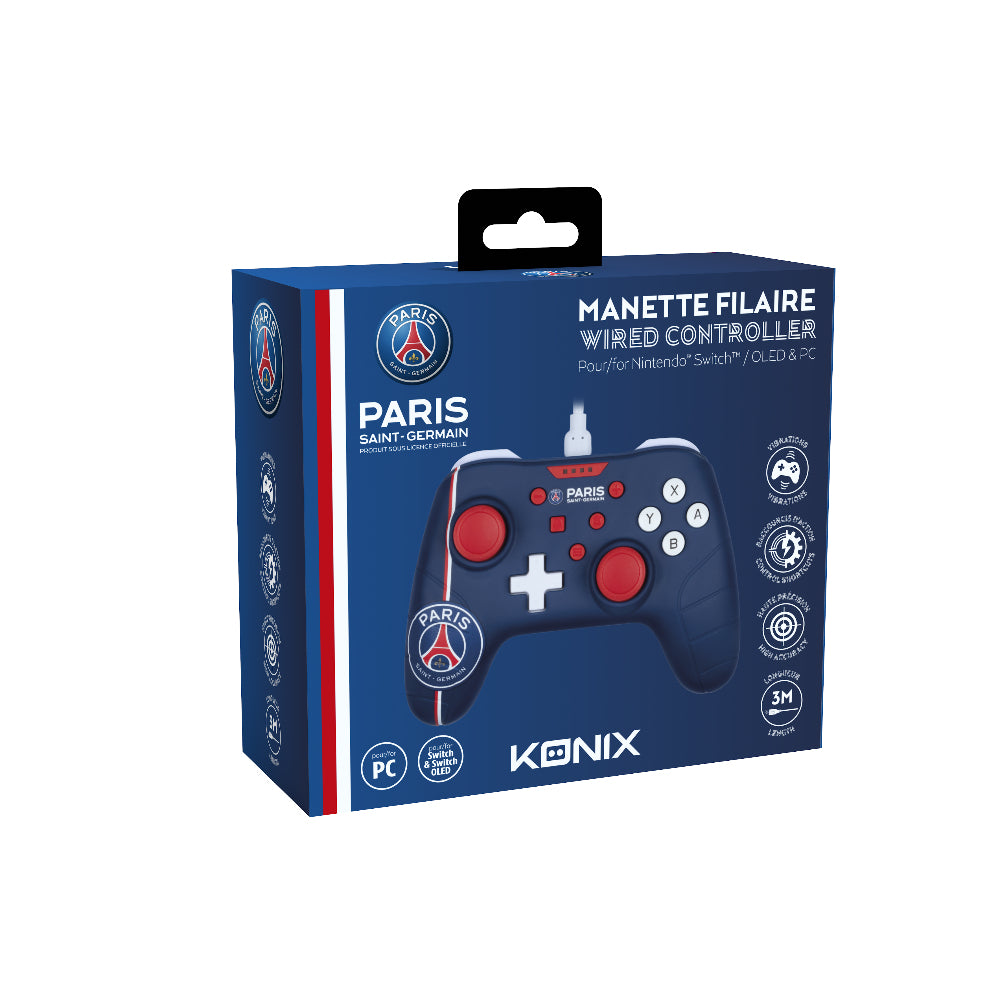 Manette de jeu - Nintendo Switch, Switch 2 et PC - PSG - Filaire - Bleu, blanc et rouge - Fonction vibration - Câble 3 m - Konix