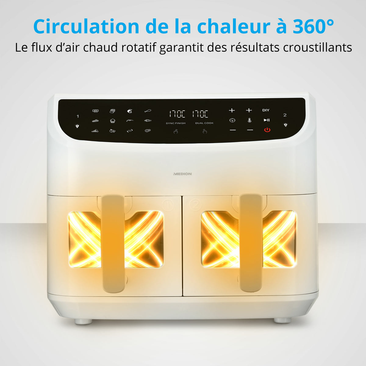 Friteuse a Air Chaud - MEDION - P20 XXL Twin - 2600 W - 2 paniers - 9 programmes - Blanc