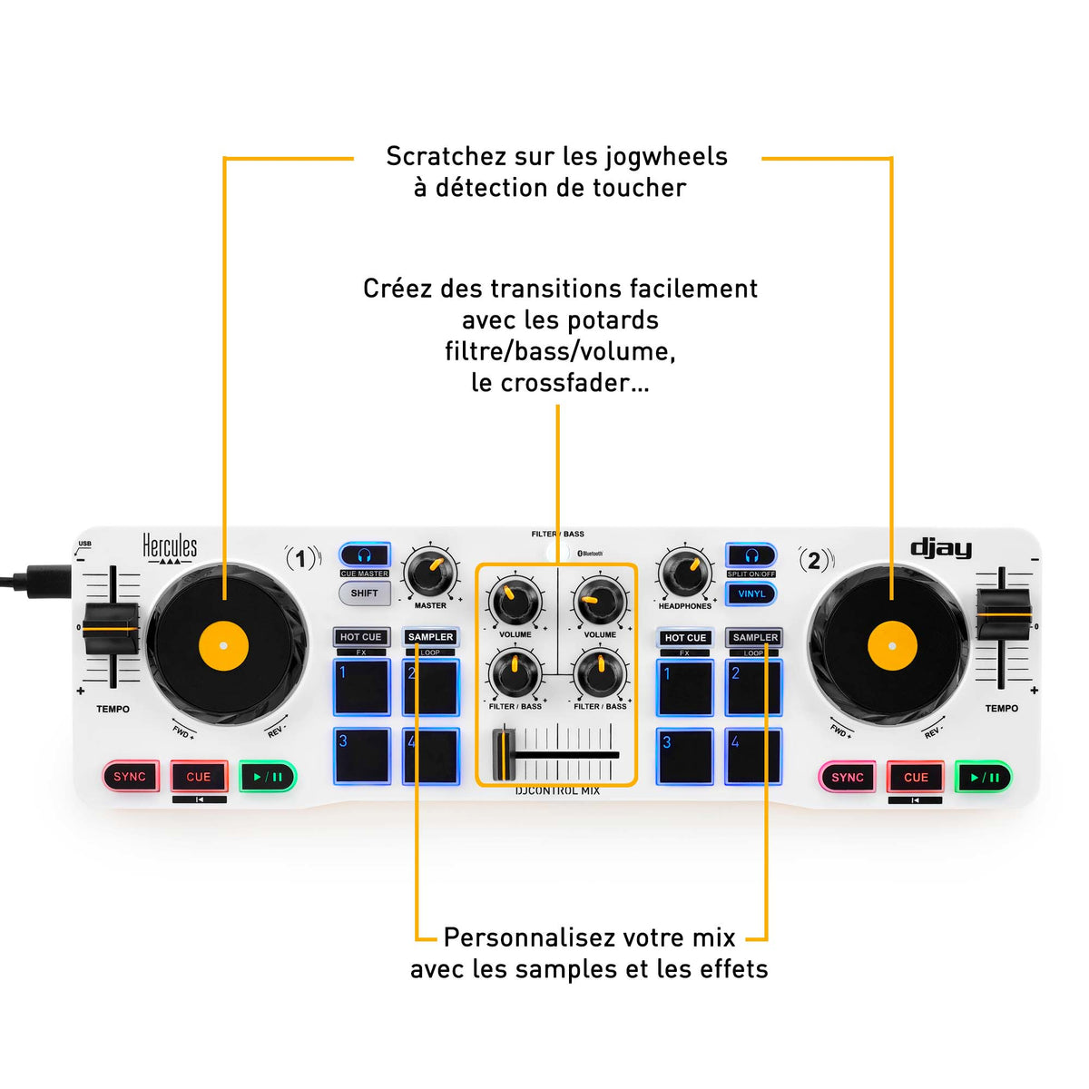 HERCULES DJ CONTROL MIX - Contrôleur DJ Bluetooth pour Smartphone (iOS et Android) - App djay - 2 voies