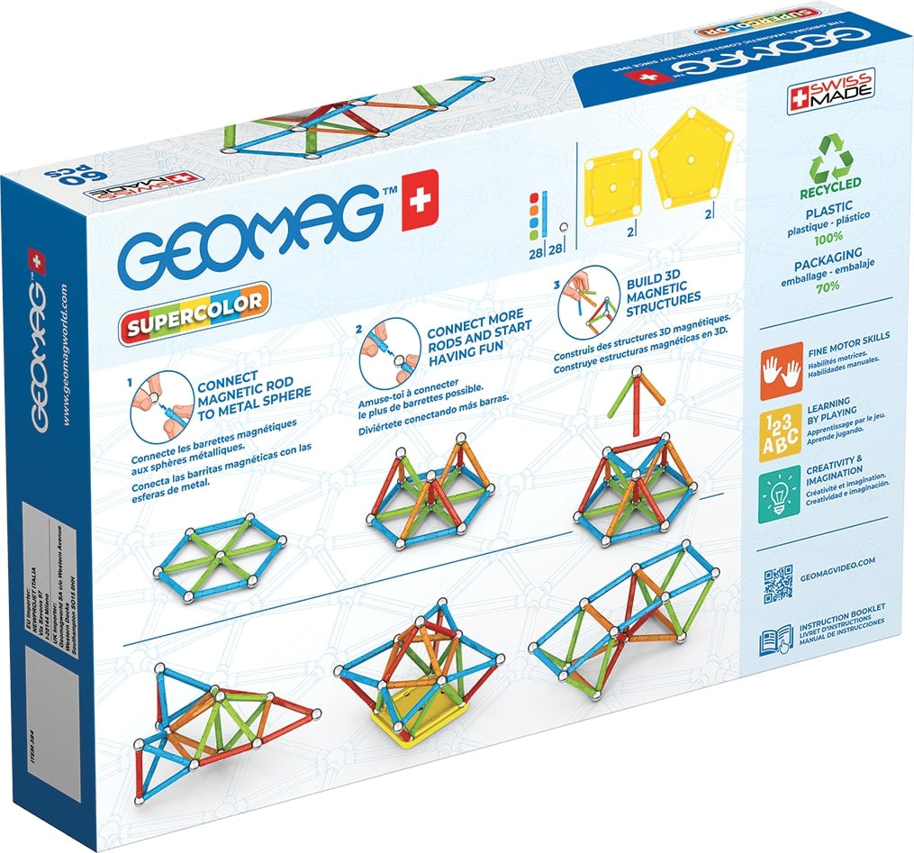 Jeu de construction magnétique - GEOMAG - Supercolor Recycled 60 pieces - Créativité - Magnétisme - Écoresponsable