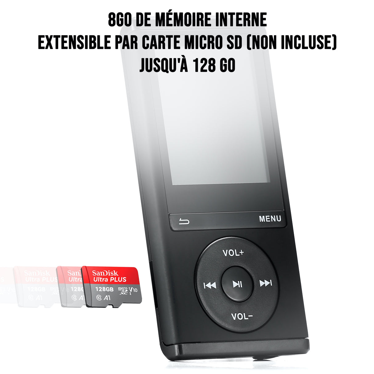 Lecteur MP4 8Go lecture audio et video, Radio FM, Bluetooth V4,0, Podomètre noir