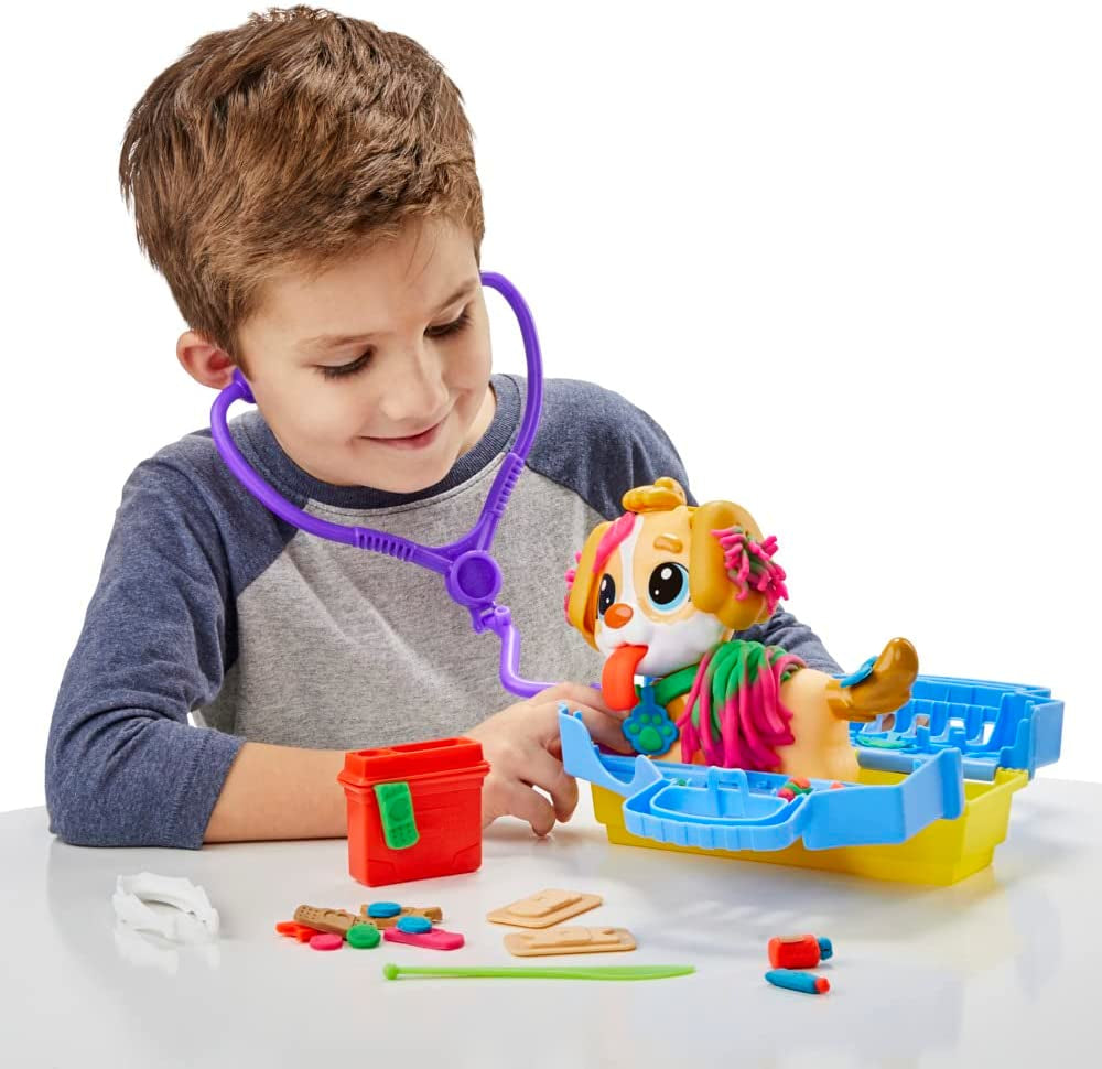 Play-Doh Le cabinet vétérinaire avec chien, avec 5 pots de pâte a modeler et 10 outils, jouet périscolaire, Les classiques