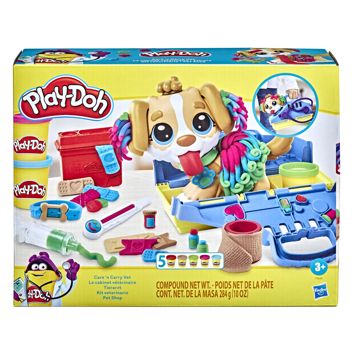 Play-Doh Le cabinet vétérinaire avec chien, avec 5 pots de pâte a modeler et 10 outils, jouet périscolaire, Les classiques