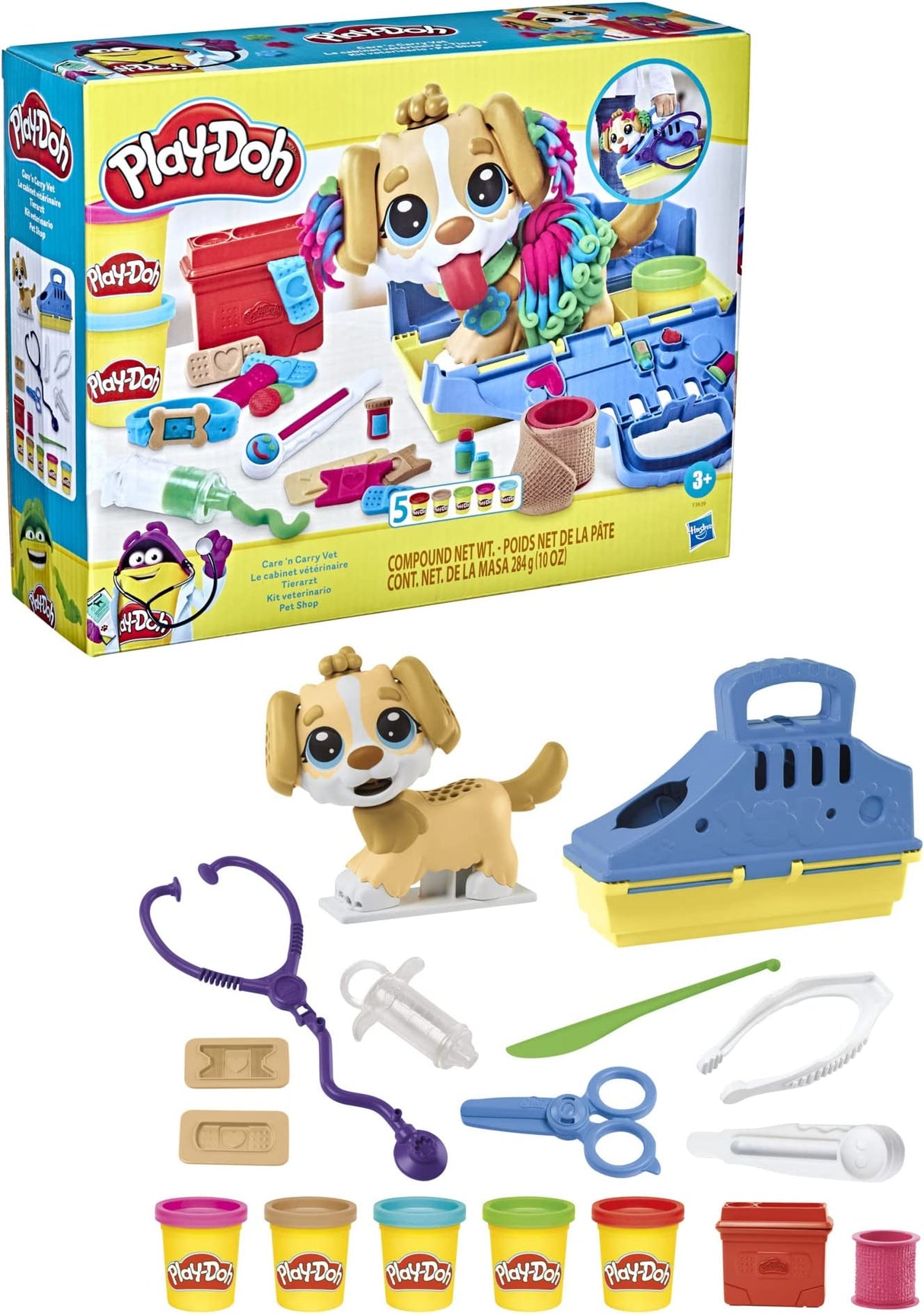 Play-Doh Le cabinet vétérinaire avec chien, avec 5 pots de pâte a modeler et 10 outils, jouet périscolaire, Les classiques