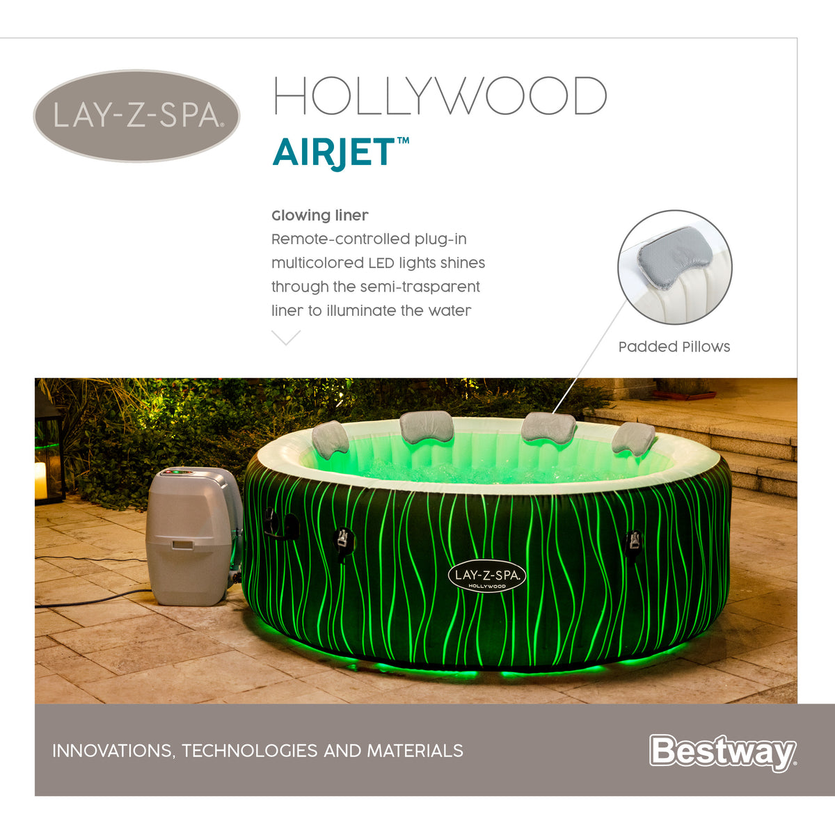 Spa gonflable BESTWAY - Lay-Z-Spa Hollywood - 196 x 66 cm - 4 a 6 places - Rond (Couverture, cartouche, diffuseur, LED...)
