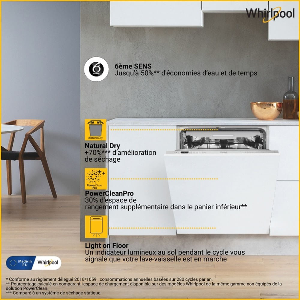 Lave-vaisselle tout encastrable WHIRLPOOL WKCIO3T133PFE 6eme Sens - 14 couverts - Induction - 43 dB - tiroir a couverts
