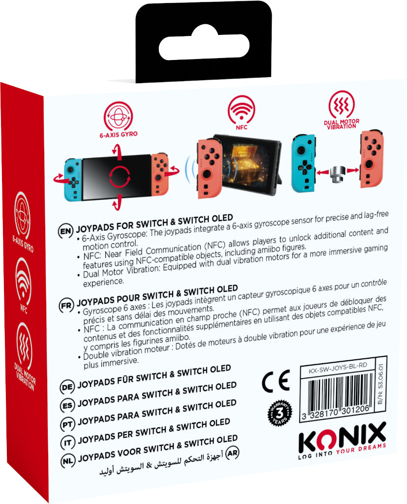 Manettes Joypads - Nintendo Switch et Switch OLED - KONIX - Autonomie 8 h - Fonction vibration - Bleu et rouge