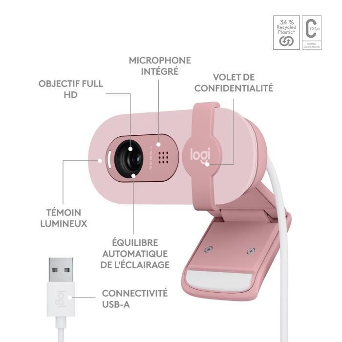 Webcam - Full HD 1080p - Logitech - Brio 100 - Microphone intégré - Rose