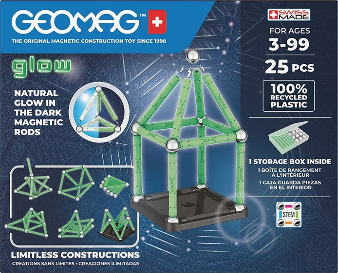Coffret de construction - GEOMAG - Glow Recycled - 25 pieces - Luminescent - Magnétique - Plastique recyclé