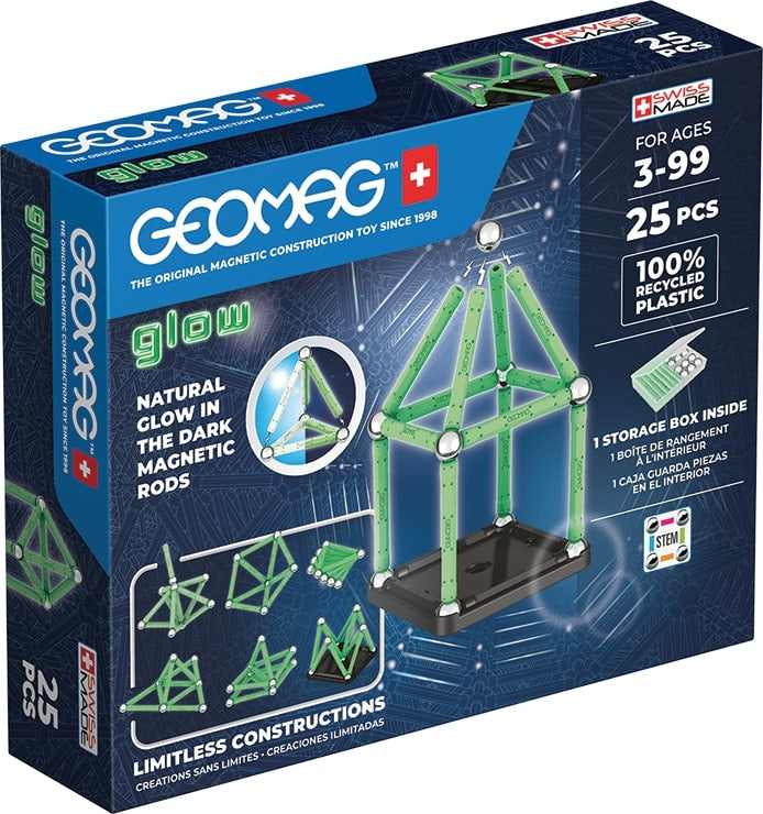 Coffret de construction - GEOMAG - Glow Recycled - 25 pieces - Luminescent - Magnétique - Plastique recyclé
