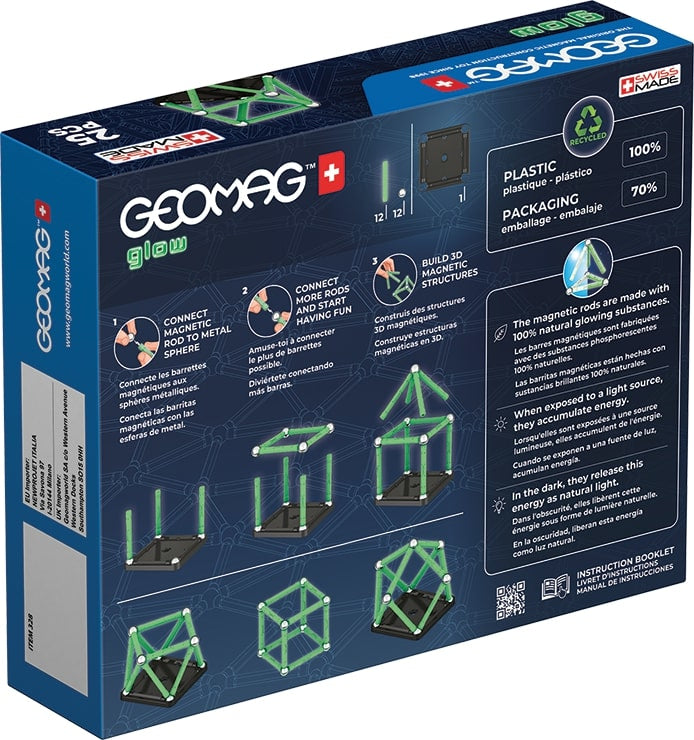 Coffret de construction - GEOMAG - Glow Recycled - 25 pieces - Luminescent - Magnétique - Plastique recyclé