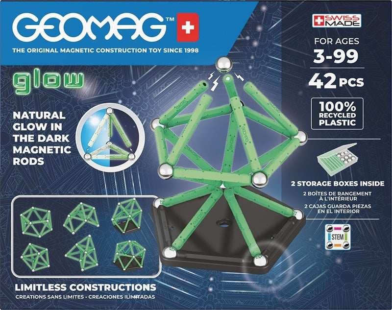Coffret de construction - GEOMAG - Glow Recycled - 42 pieces - Luminescent - Magnétique - Plastique recyclé