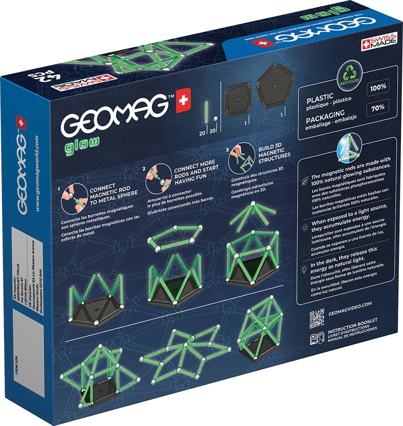 Coffret de construction - GEOMAG - Glow Recycled - 42 pieces - Luminescent - Magnétique - Plastique recyclé