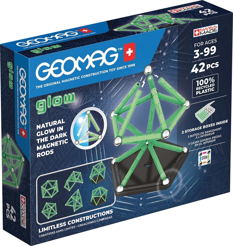 Coffret de construction - GEOMAG - Glow Recycled - 42 pieces - Luminescent - Magnétique - Plastique recyclé