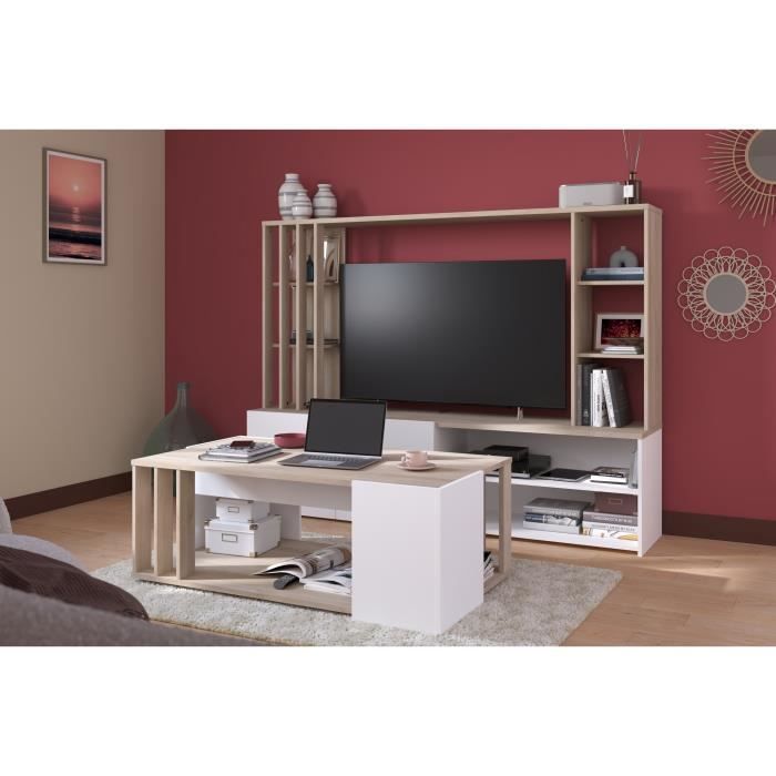 Table basse AUSTRAL - DÈcor blanc et chene du Japon - L 119 x P 43 x H 68 cm - PARISOT