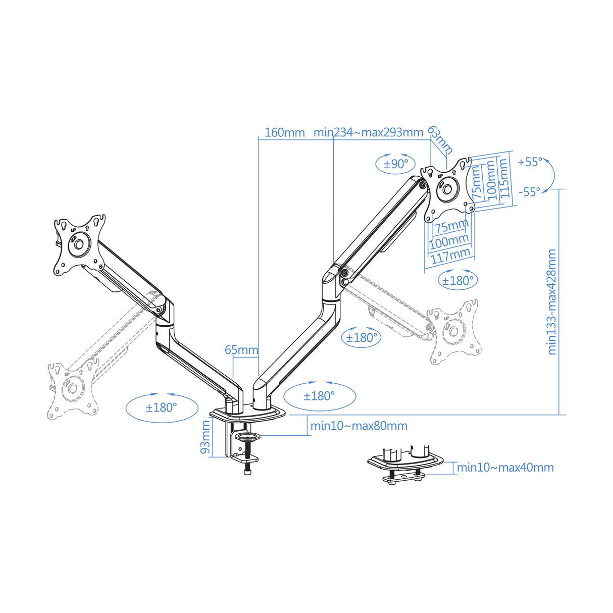 Support double-écran à fixer Tooq DB4132TNR 17"-32" (9kg max) (Gris)