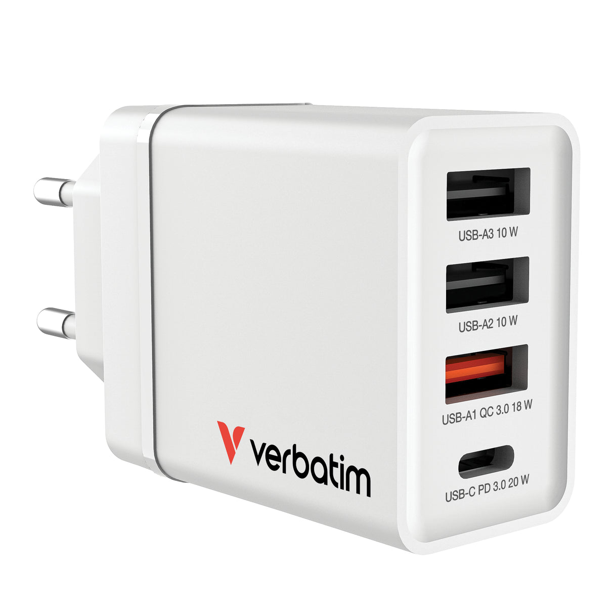 Chargeur secteur Verbatim GaN 3x ports USB-A + 1x port USB-C 30W (Blanc)
