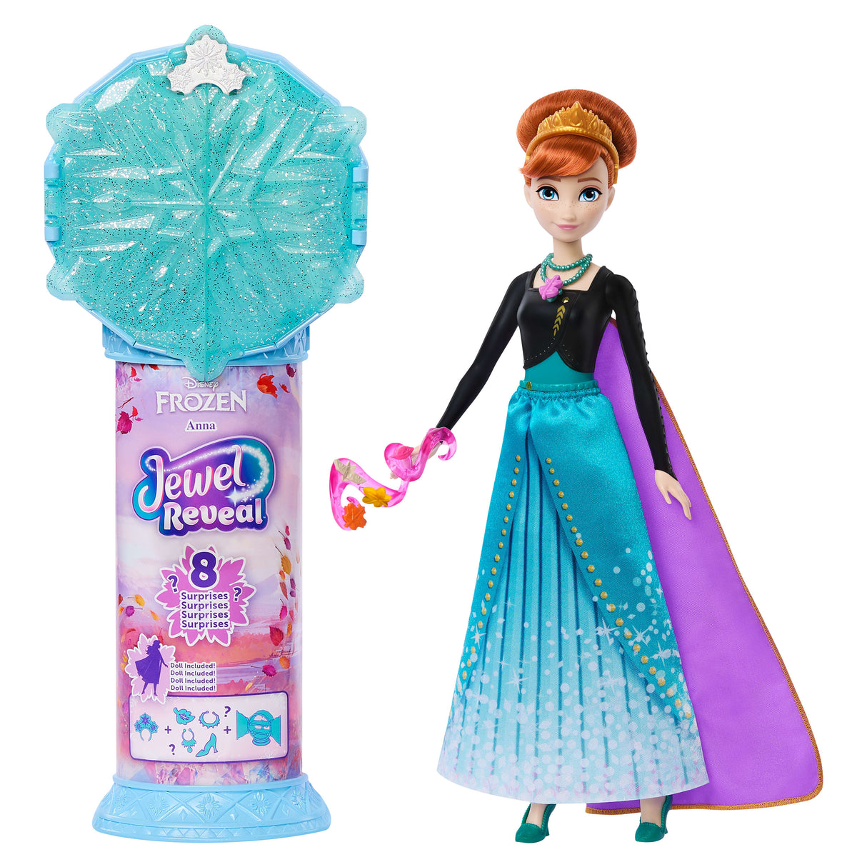 Poupée Jewel Reveal Anna, La Reine des Neiges, accessoires avec 8 surprises, 1 boîte a bijoux en forme de flocon de neige, 1 bague p