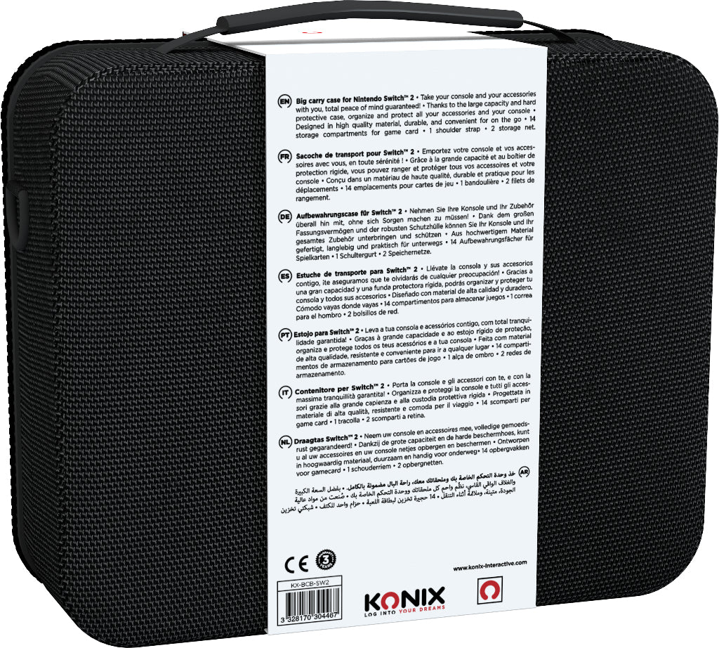 Sacoche de protection et transport - KONIX - Big Carry Case Nintendo Switch 2 - Rangement accessoires - 14 compartiments jeux - Noir
