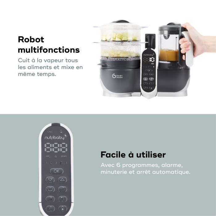 Babymoov Robot Cuiseur Bébé Nutribaby(+) - 6 en 1 - Cuiseur-vapeur/Mixeur - Grande Capacité 2,2L, Gris