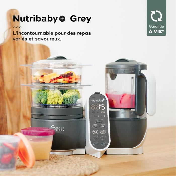 Babymoov Robot Cuiseur Bébé Nutribaby(+) - 6 en 1 - Cuiseur-vapeur/Mixeur - Grande Capacité 2,2L, Gris