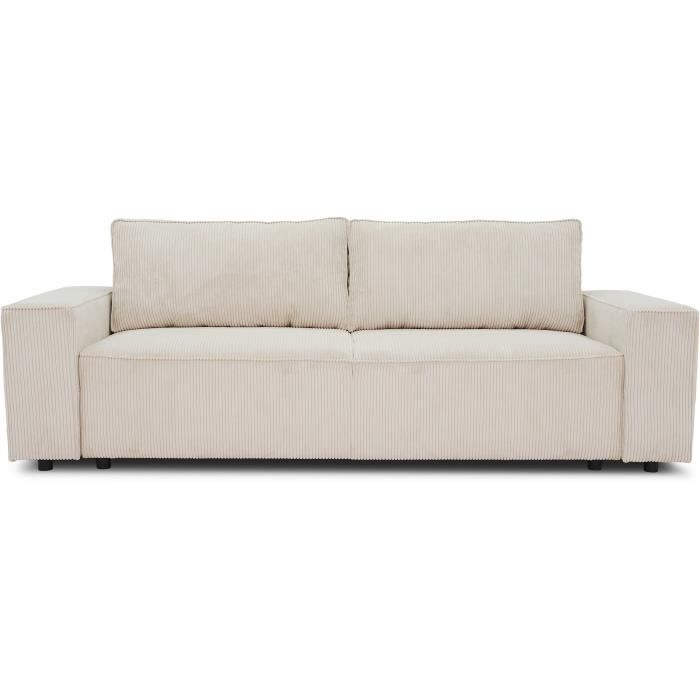 CanapÈ droit convertible 3 places JOSH - velours cÙtelÈ beige - Coffre de rangement - L239xP86xH85cm