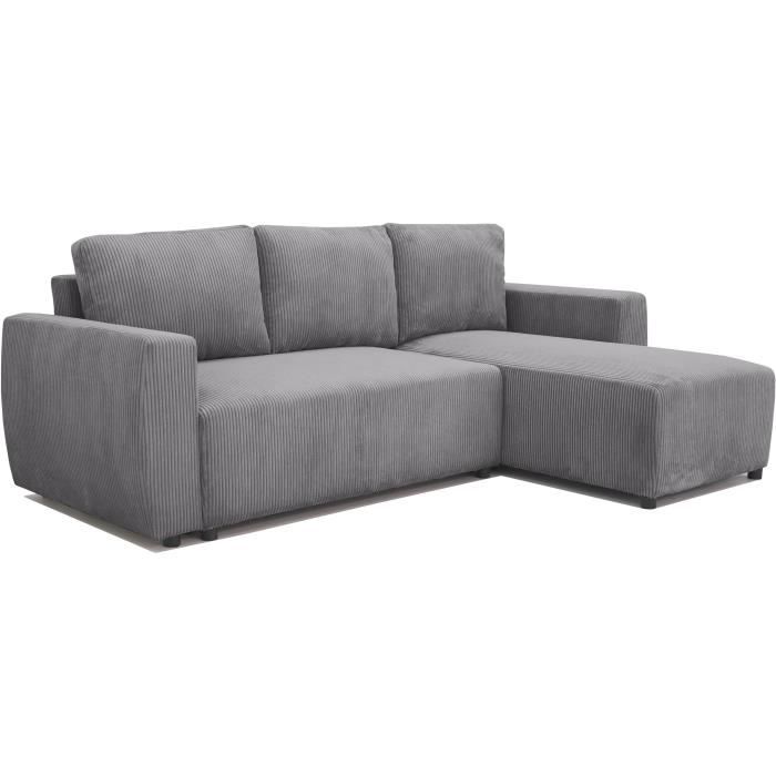 Canapé d'angle convertible réversible 3-4 places PHARELL - velours côtelé Anthracite - Coffre de rangement - L224 x P155 x H85 cm