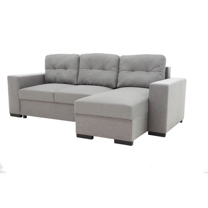 CanapÈ d'angle convertible rÈversible 3 places JAMES - L 245 x H 91 x P 139 cm - Coffre et 2 poufs Gris