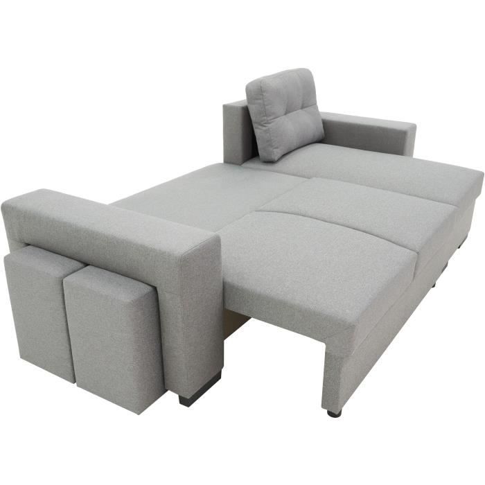 CanapÈ d'angle convertible rÈversible 3 places JAMES - L 245 x H 91 x P 139 cm - Coffre et 2 poufs Gris