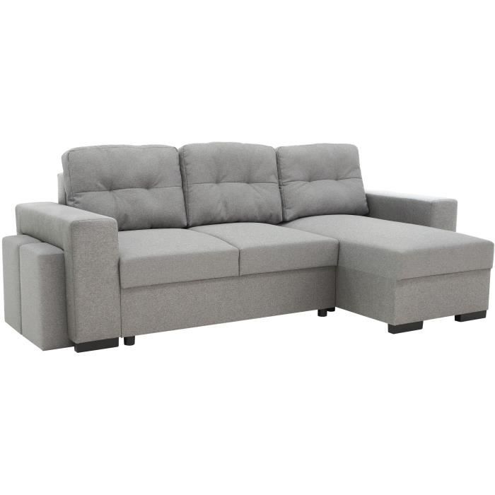 CanapÈ d'angle convertible rÈversible 3 places JAMES - L 245 x H 91 x P 139 cm - Coffre et 2 poufs Gris