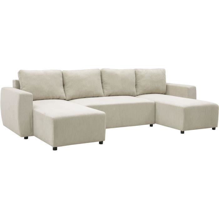 Canapé convertible panoramique PHARELL 7 places - Velours côtelé beige - Coffre de rangement - L297 x P155 x H85