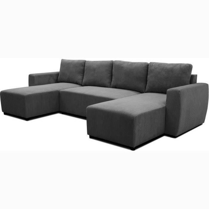 Canapé convertible panoramique PHARELL 5/6 places - Tissu velours côtelé anthracite - Coffre de rangement - L297xP155xH85cm