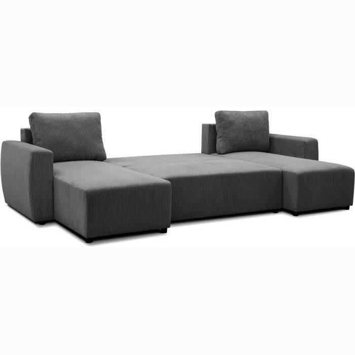 Canapé convertible panoramique PHARELL 5/6 places - Tissu velours côtelé anthracite - Coffre de rangement - L297xP155xH85cm
