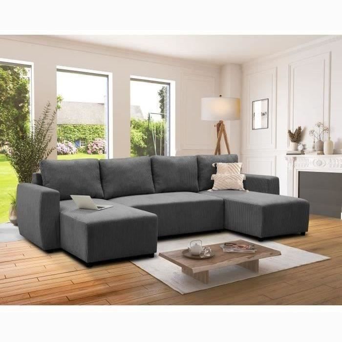 Canapé convertible panoramique PHARELL 5/6 places - Tissu velours côtelé anthracite - Coffre de rangement - L297xP155xH85cm