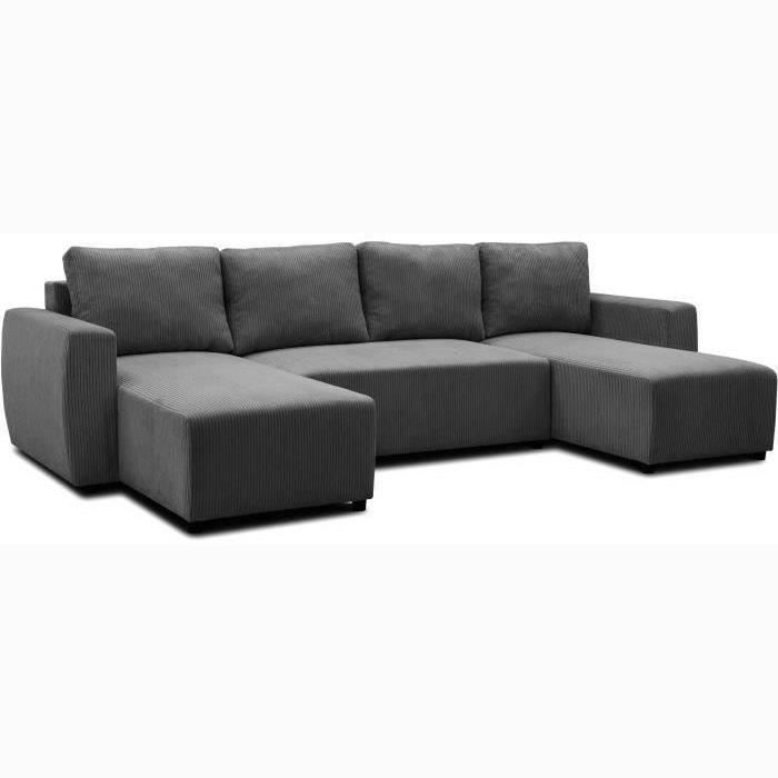 Canapé convertible panoramique PHARELL 5/6 places - Tissu velours côtelé anthracite - Coffre de rangement - L297xP155xH85cm