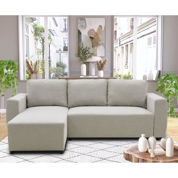 Canapé d'angle convertible réversible 3 a 4 places - PHARELL - Tissu beige - Coffre de rangement - L 224 x P 155 x H 85 cm