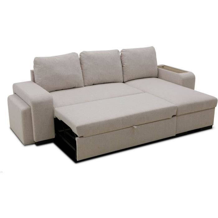 Canapé d'angle convertible réversible VALDO 3 a 4 places - Tissu Beige - Tablette avec USB - Coffre + Pouf - L247xP143xH86 cm