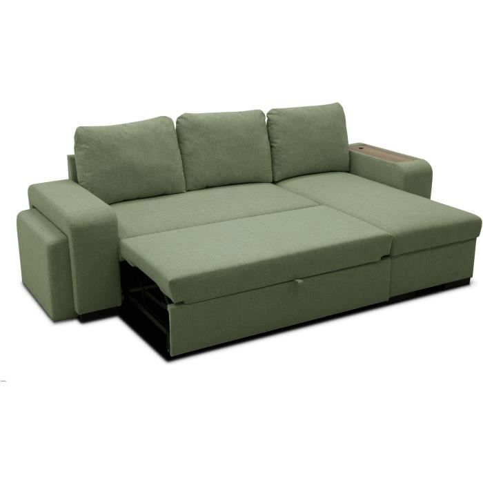 Canapé d'angle convertible réversible VALDO 3 a 4 places - Tissu Neve Sauge - Tablette avec USB - Coffre + Pouf - L247xP143xH86 cm