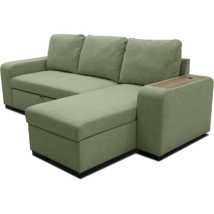 Canapé d'angle convertible réversible VALDO 3 a 4 places - Tissu Neve Sauge - Tablette avec USB - Coffre + Pouf - L247xP143xH86 cm