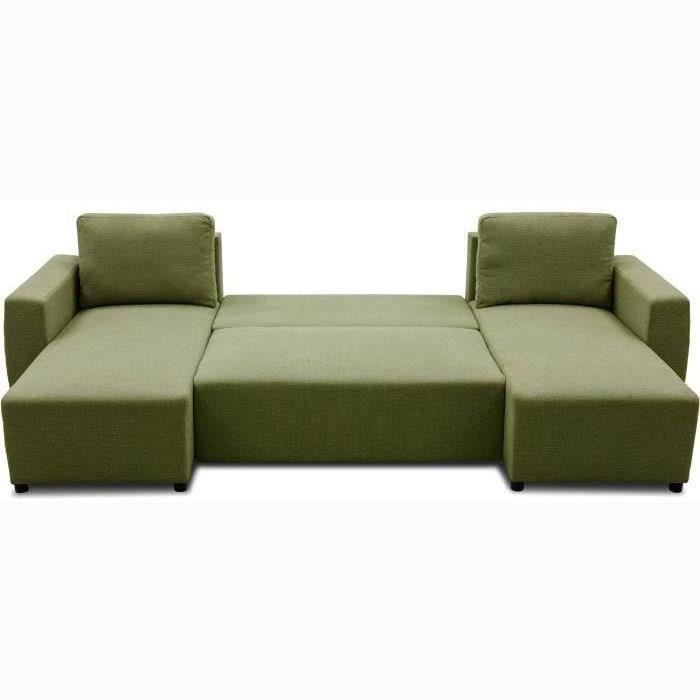Canapé d'angle convertible panoramique PHARELL 5/6 places - Tissu olive - Coffre de rangement - L297 x P155 x H85 cm