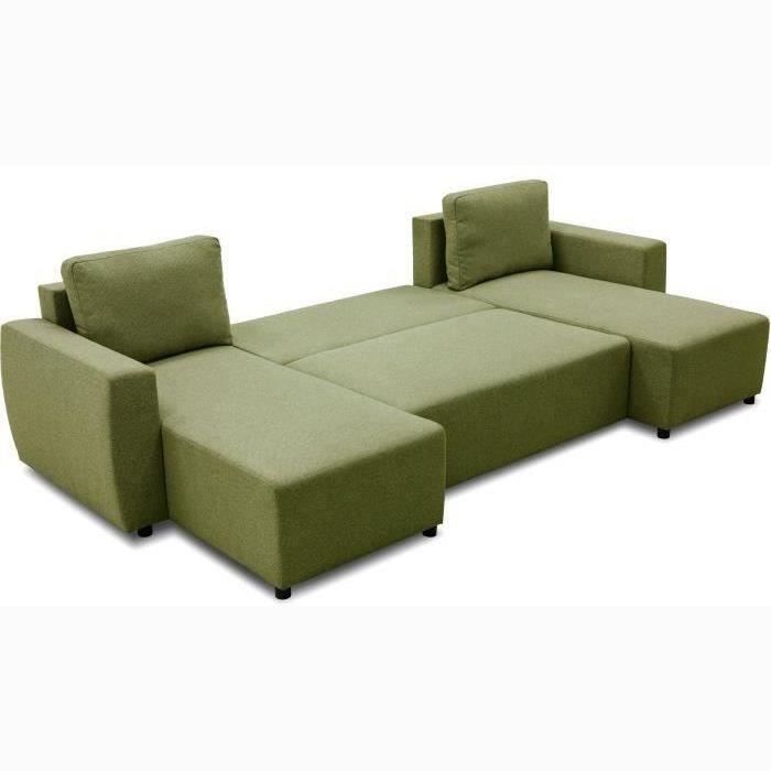 Canapé d'angle convertible panoramique PHARELL 5/6 places - Tissu olive - Coffre de rangement - L297 x P155 x H85 cm