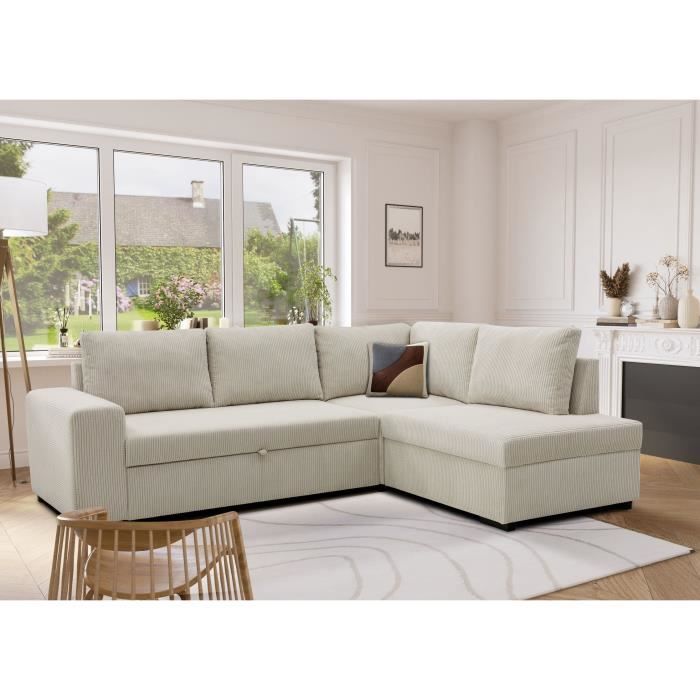 Canapé d'angle convertible réversible NIRVANA 4 a 5 places - Tissu velours côtelé perle - Coffre de rangement - L247 x P 183 x H 87