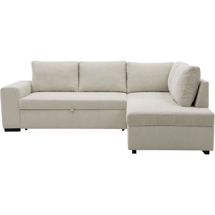 Canapé d'angle convertible réversible NIRVANA 4 a 5 places - Tissu velours côtelé perle - Coffre de rangement - L247 x P 183 x H 87