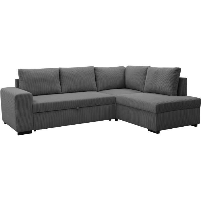 Canapé d'angle convertible réversible NIRVANA 4 a 5 places - Tissu velours côtelé anthracite - Coffre de rangement - L247 x P 183 x