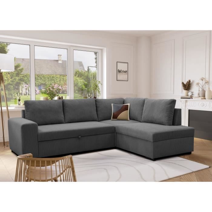 Canapé d'angle convertible réversible NIRVANA 4 a 5 places - Tissu velours côtelé anthracite - Coffre de rangement - L247 x P 183 x